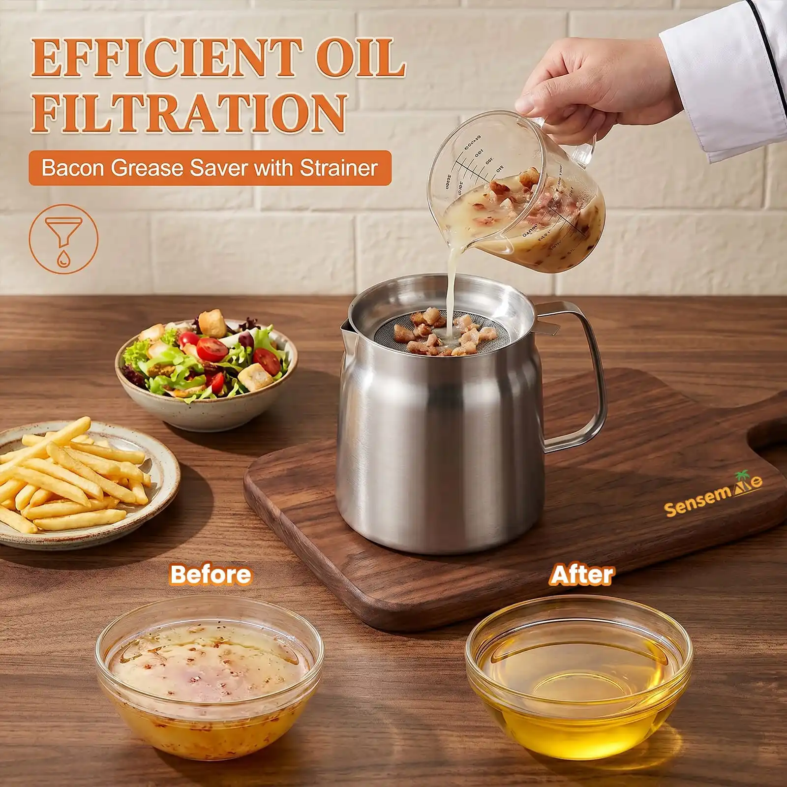 1.5L Stainless Steel Oil Filter Pot with Fine Mesh Strainer Bacon Grease Container with Airtight Lid for Frying Oil Storage