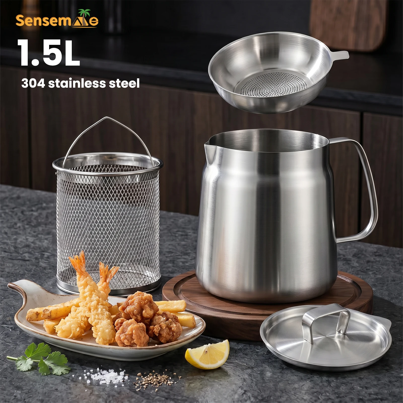 1.5L Stainless Steel Oil Filter Pot with Fine Mesh Strainer Bacon Grease Container with Airtight Lid for Frying Oil Storage