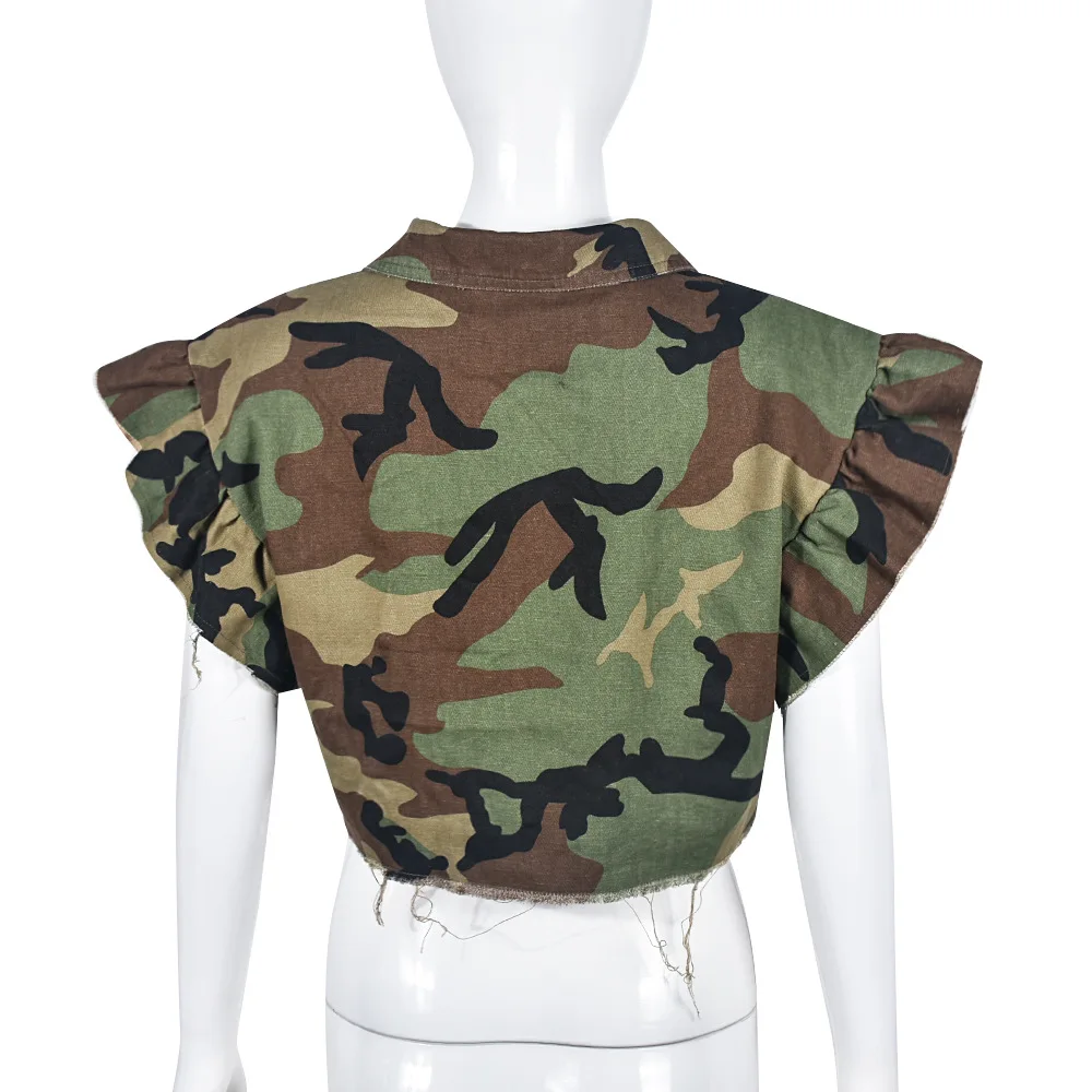 DEAT Fashion Women Jacket Turn-down Collar Butterfly Sleeve Single Breasted Camouflage Print Short Coat Spring 2025 New 17A7035