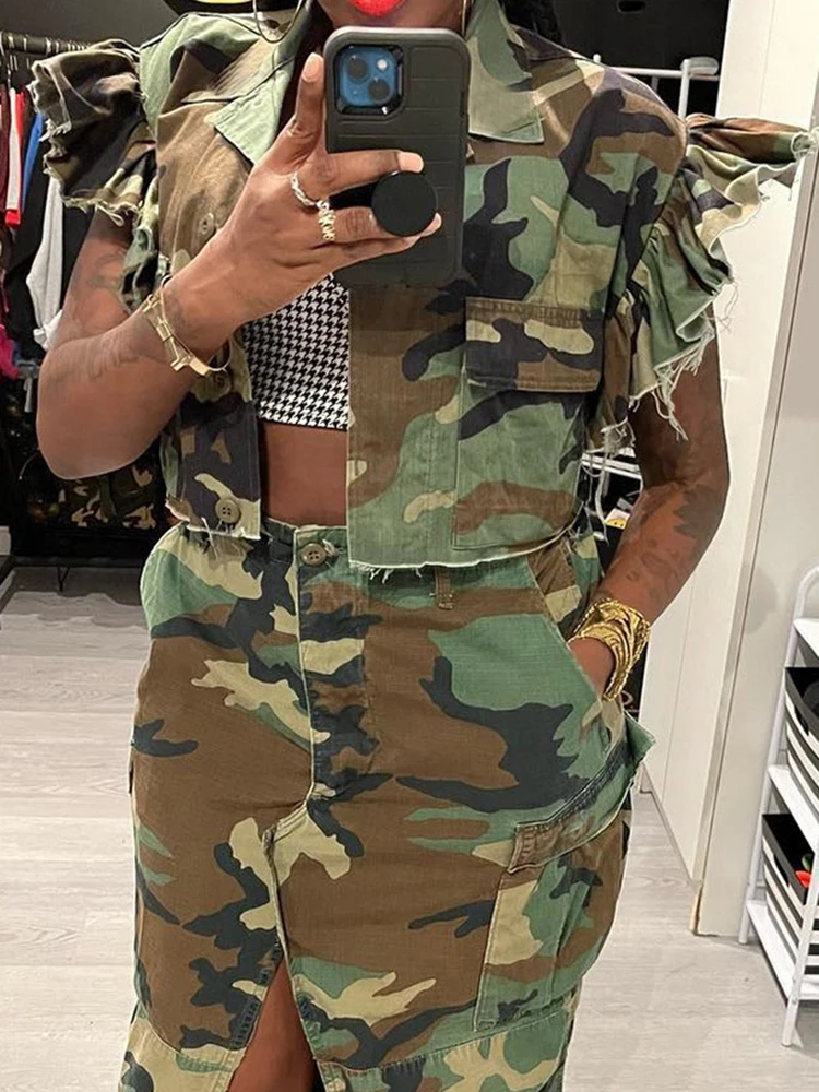 DEAT Fashion Women Jacket Turn-down Collar Butterfly Sleeve Single Breasted Camouflage Print Short Coat Spring 2025 New 17A7035