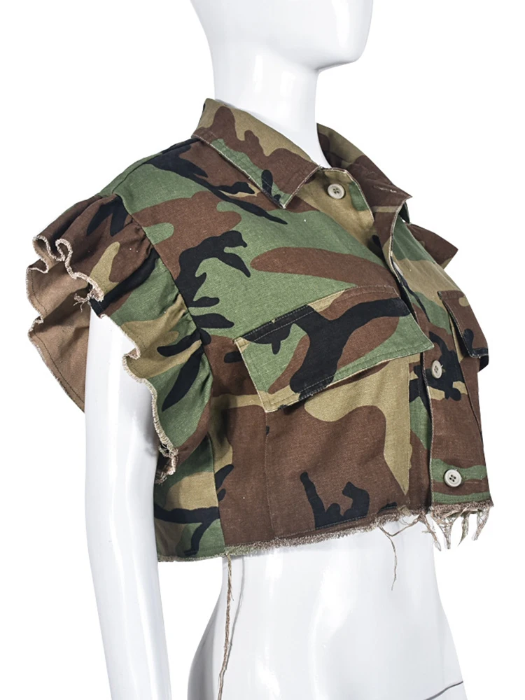 DEAT Fashion Women Jacket Turn-down Collar Butterfly Sleeve Single Breasted Camouflage Print Short Coat Spring 2025 New 17A7035