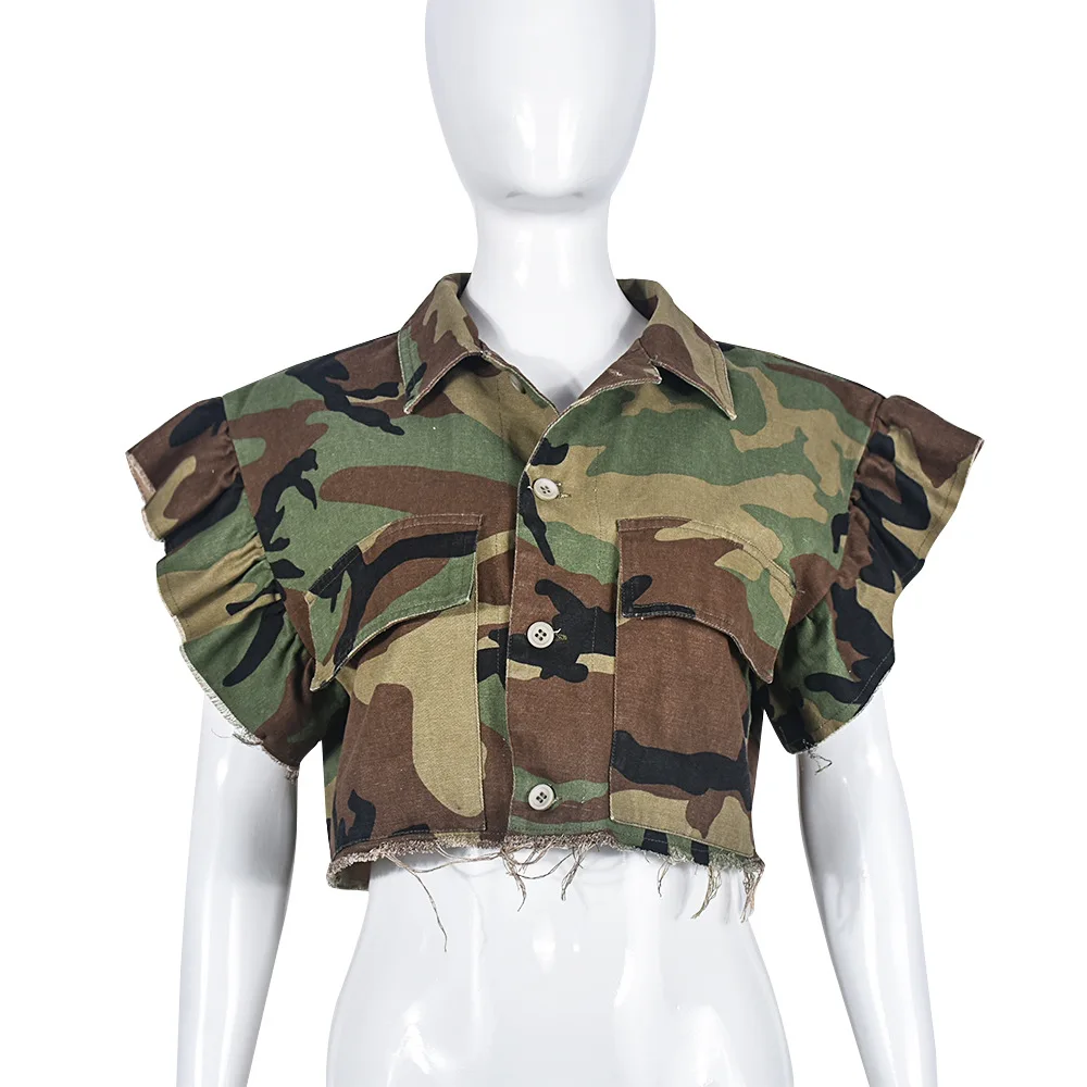 DEAT Fashion Women Jacket Turn-down Collar Butterfly Sleeve Single Breasted Camouflage Print Short Coat Spring 2025 New 17A7035