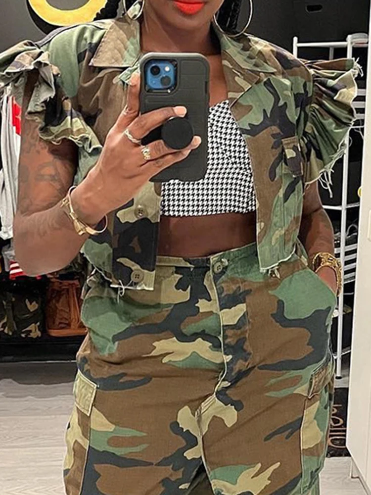 DEAT Fashion Women Jacket Turn-down Collar Butterfly Sleeve Single Breasted Camouflage Print Short Coat Spring 2025 New 17A7035