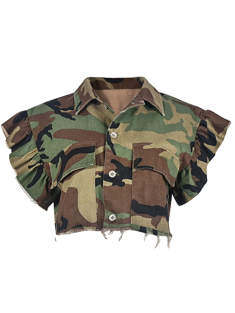 DEAT Fashion Women Jacket Turn-down Collar Butterfly Sleeve Single Breasted Camouflage Print Short Coat Spring 2025 New 17A7035