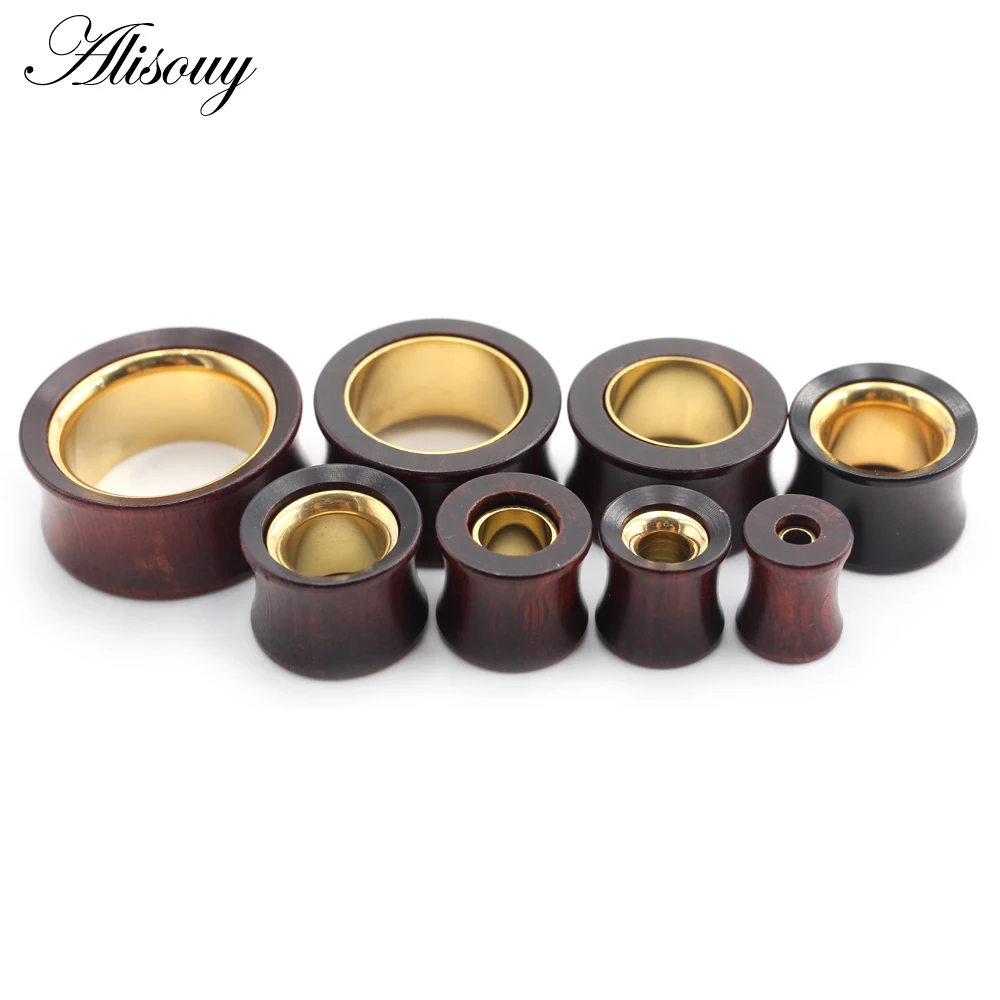 Alisouy 1PC 8-25mm Wood Hollow Gold Color Stainless Steel Ear Tunnel Plug Expander Stretcher Gauge Earring Piercing Body Jewelry