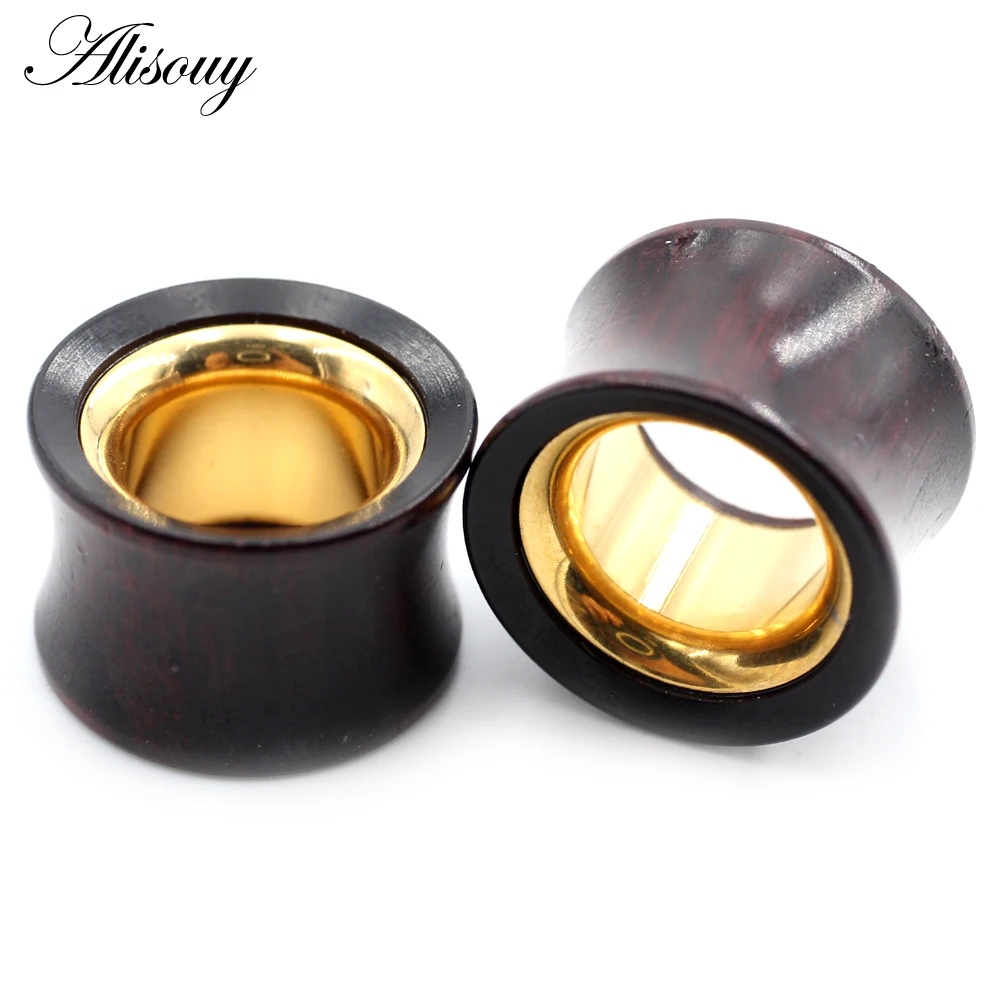 Alisouy 1PC 8-25mm Wood Hollow Gold Color Stainless Steel Ear Tunnel Plug Expander Stretcher Gauge Earring Piercing Body Jewelry