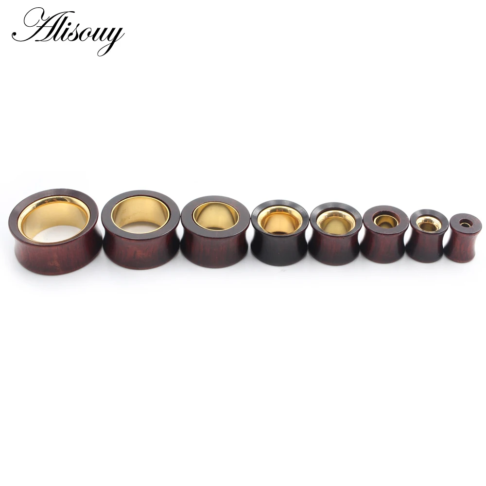 Alisouy 1PC 8-25mm Wood Hollow Gold Color Stainless Steel Ear Tunnel Plug Expander Stretcher Gauge Earring Piercing Body Jewelry