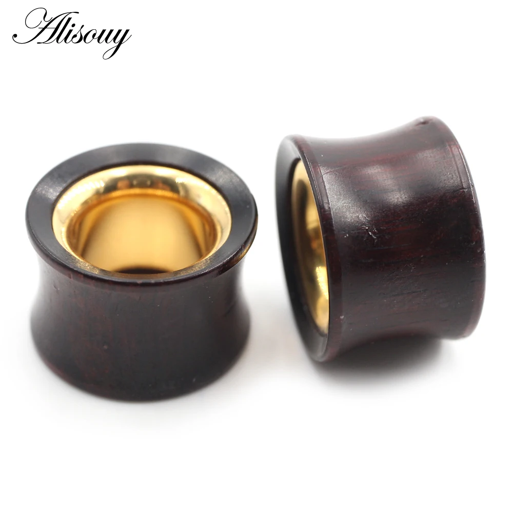 Alisouy 1PC 8-25mm Wood Hollow Gold Color Stainless Steel Ear Tunnel Plug Expander Stretcher Gauge Earring Piercing Body Jewelry