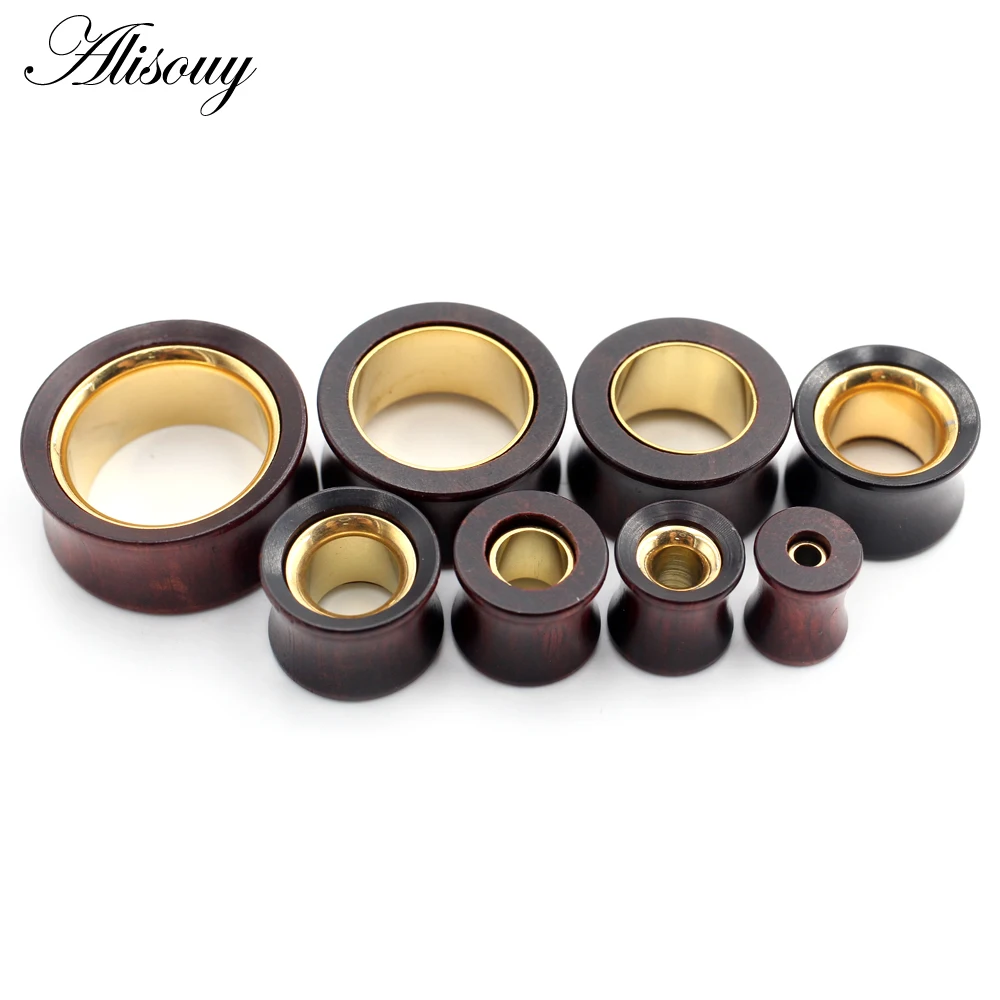 Alisouy 1PC 8-25mm Wood Hollow Gold Color Stainless Steel Ear Tunnel Plug Expander Stretcher Gauge Earring Piercing Body Jewelry