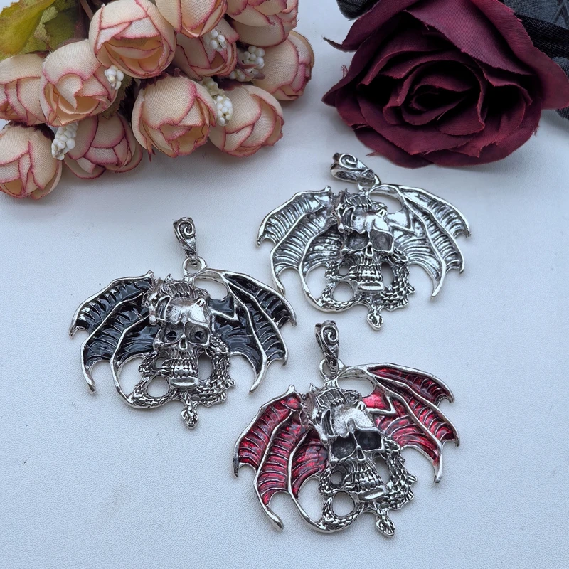 2Pcs DIY European and American Dull Black Gothic Skull Bat Dragon Pendant Accessories Necklace Alloy Material Punk 48x60mm