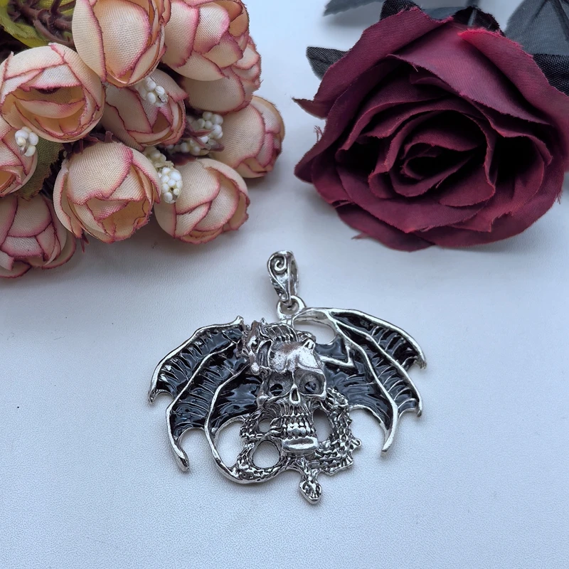 2Pcs DIY European and American Dull Black Gothic Skull Bat Dragon Pendant Accessories Necklace Alloy Material Punk 48x60mm