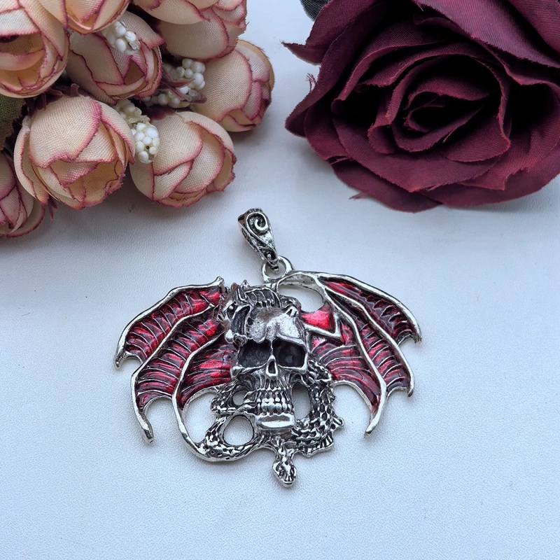 2Pcs DIY European and American Dull Black Gothic Skull Bat Dragon Pendant Accessories Necklace Alloy Material Punk 48x60mm