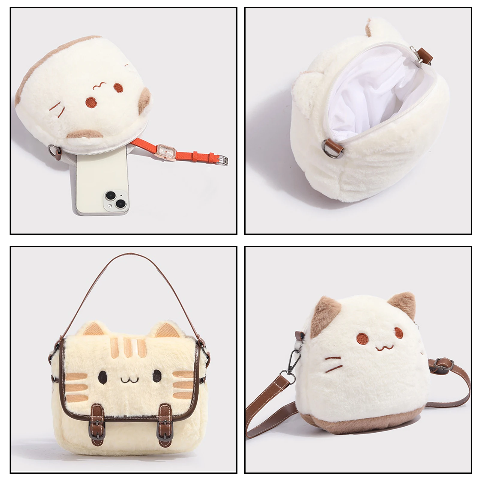 Cute Plush Cat Handbag Adorable Stuffed Animal Hand-Made Backpack Large Capacity Shoulder Bag Cartoon Daypack For Kids Girls