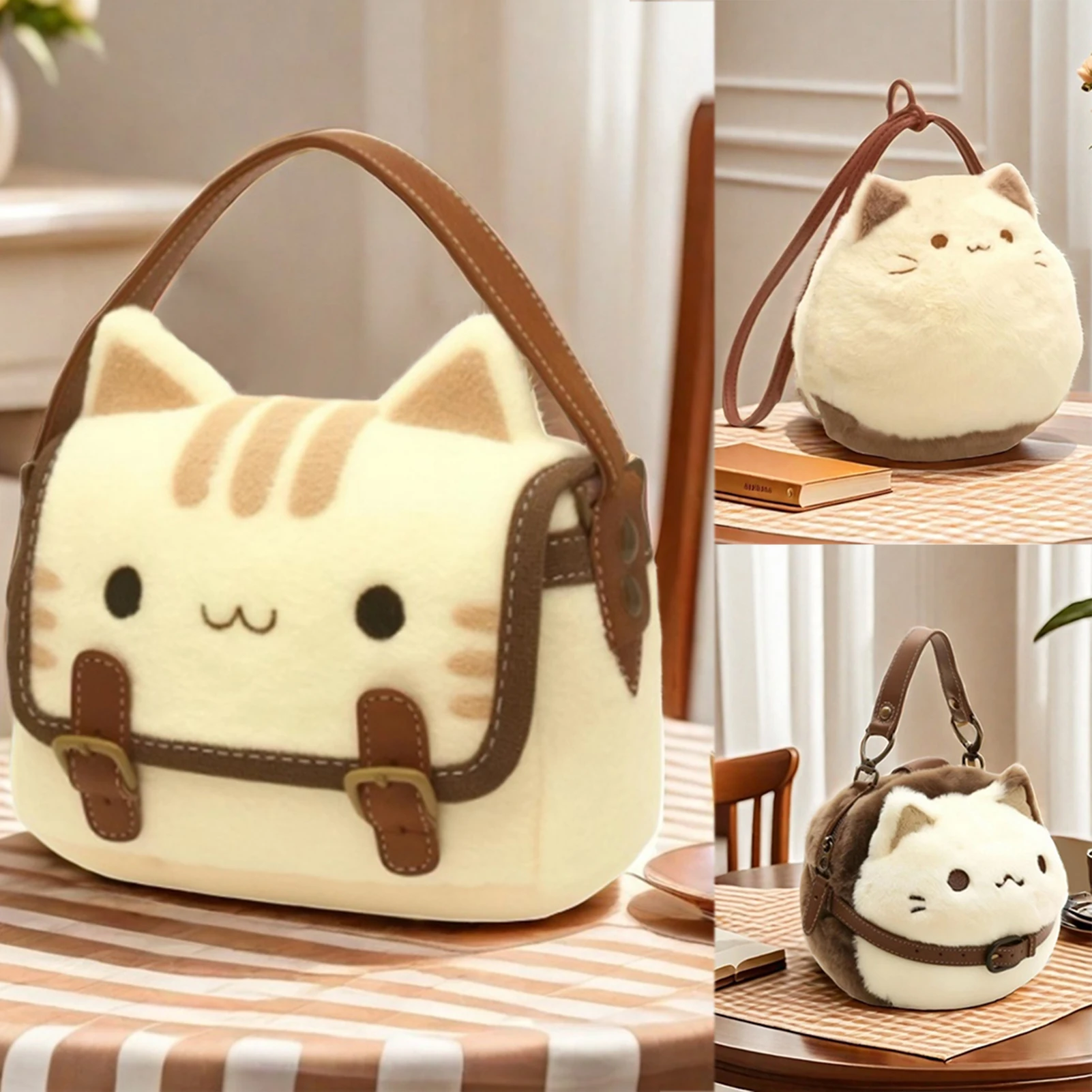 Cute Plush Cat Handbag Adorable Stuffed Animal Hand-Made Backpack Large Capacity Shoulder Bag Cartoon Daypack For Kids Girls