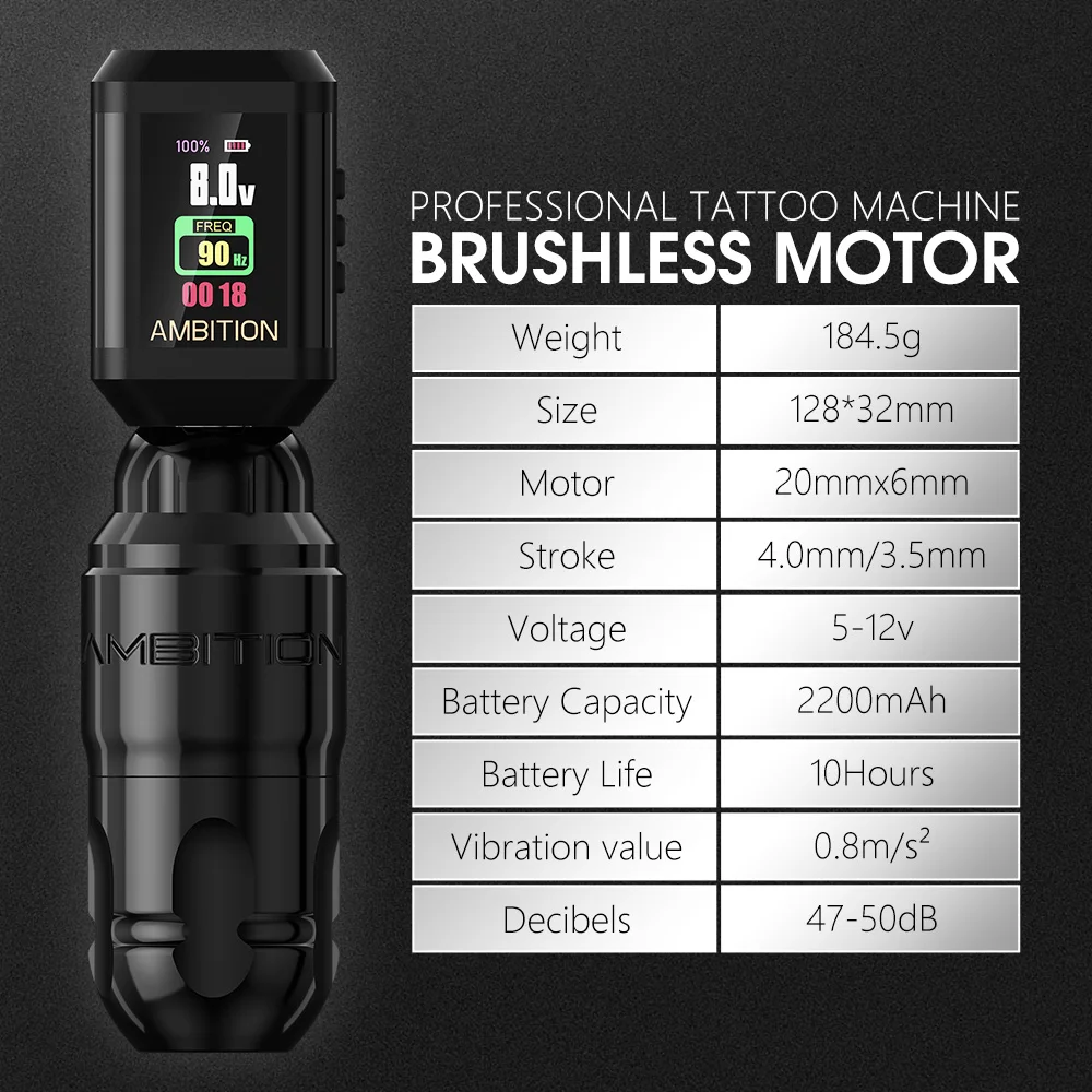 Ambition Lutin Stroke 4.0+3.5mm Straight Rod Rotaty Tattoo Machine Tattoo Pen Brushless Motor Match 2200mAh RCA Wireless Battery