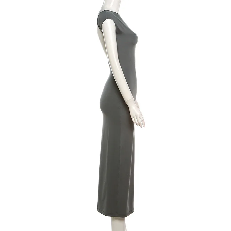 BOOFEENAA Short Sleeve Backless Long Dresses Sexy Outfits for Women Clothes Basics Casual Bodycon Grey Black Dress C71-BH23