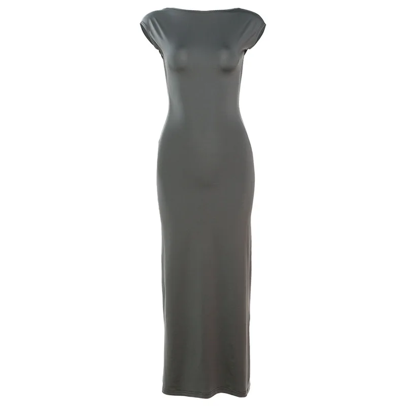 BOOFEENAA Short Sleeve Backless Long Dresses Sexy Outfits for Women Clothes Basics Casual Bodycon Grey Black Dress C71-BH23