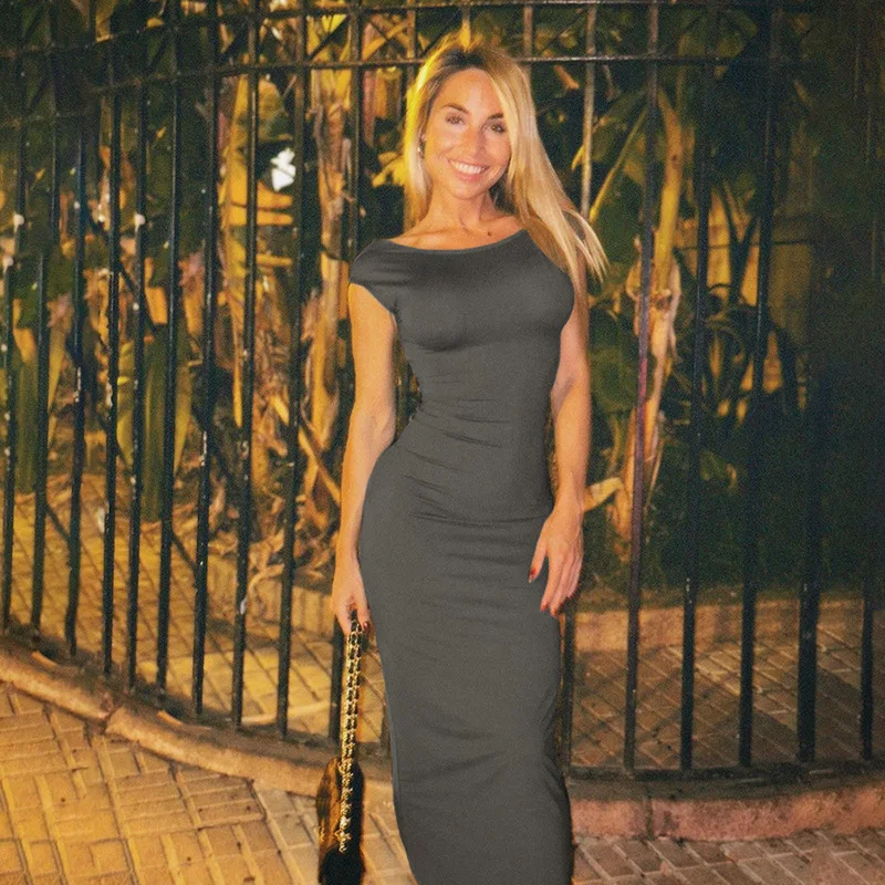 BOOFEENAA Short Sleeve Backless Long Dresses Sexy Outfits for Women Clothes Basics Casual Bodycon Grey Black Dress C71-BH23