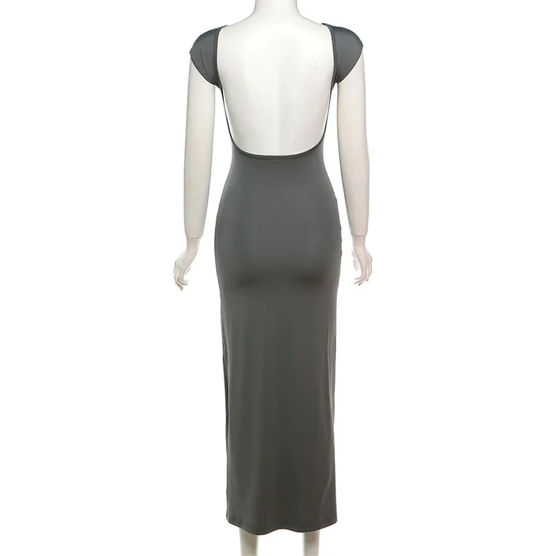 BOOFEENAA Short Sleeve Backless Long Dresses Sexy Outfits for Women Clothes Basics Casual Bodycon Grey Black Dress C71-BH23
