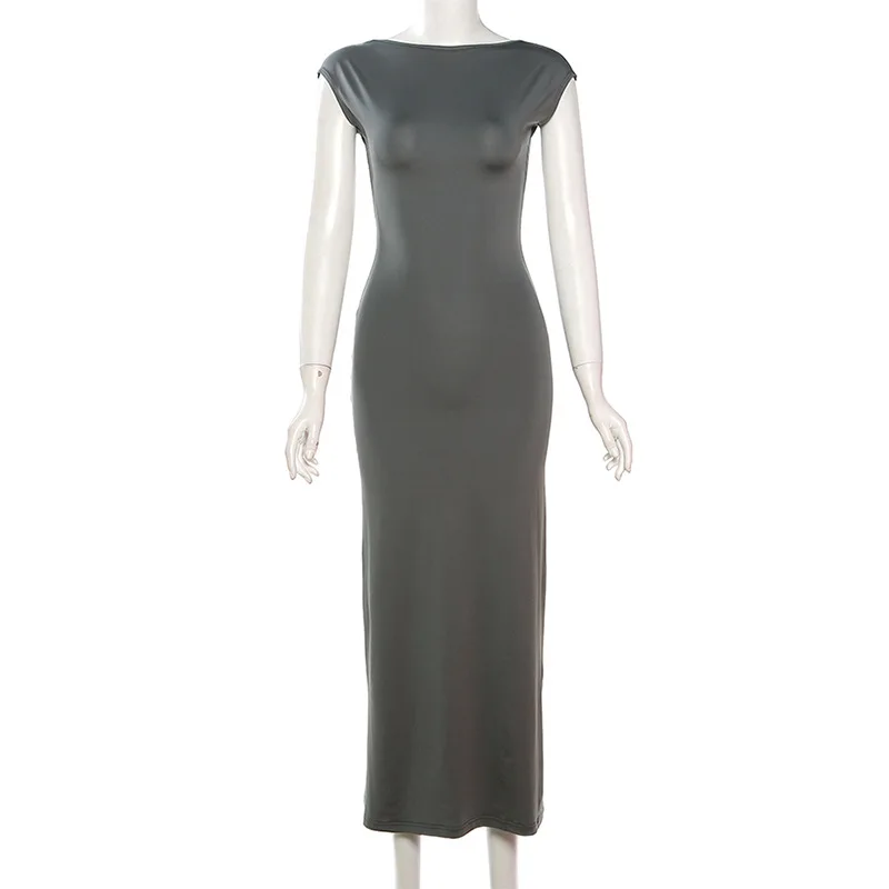 BOOFEENAA Short Sleeve Backless Long Dresses Sexy Outfits for Women Clothes Basics Casual Bodycon Grey Black Dress C71-BH23