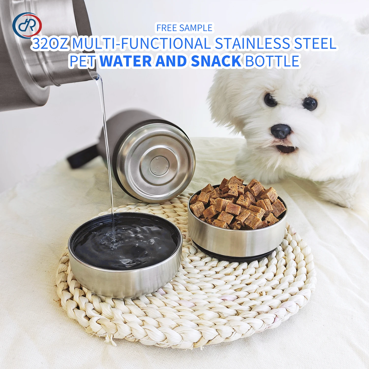 OKKPETS 32Oz Portable 3 in 1 Pet Water Bottle Stainless Steel Pet Feeder Travel Outdoor 34Oz Multifunc Pet Bowl Dog Food Cup