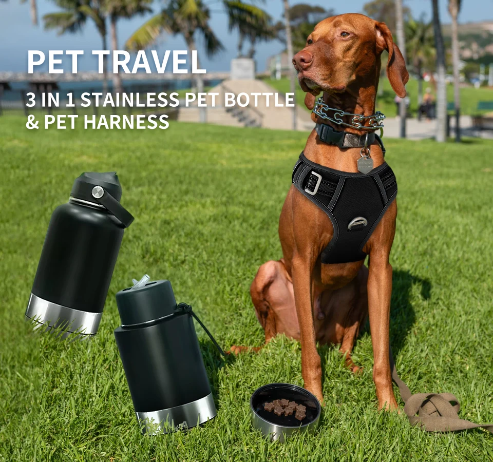 OKKPETS 32Oz Portable 3 in 1 Pet Water Bottle Stainless Steel Pet Feeder Travel Outdoor 34Oz Multifunc Pet Bowl Dog Food Cup
