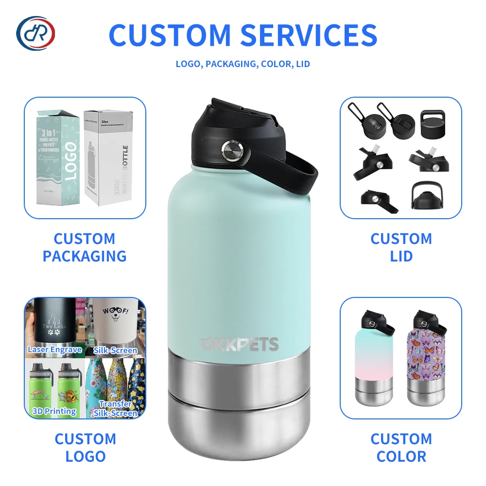 OKKPETS 32Oz Portable 3 in 1 Pet Water Bottle Stainless Steel Pet Feeder Travel Outdoor 34Oz Multifunc Pet Bowl Dog Food Cup