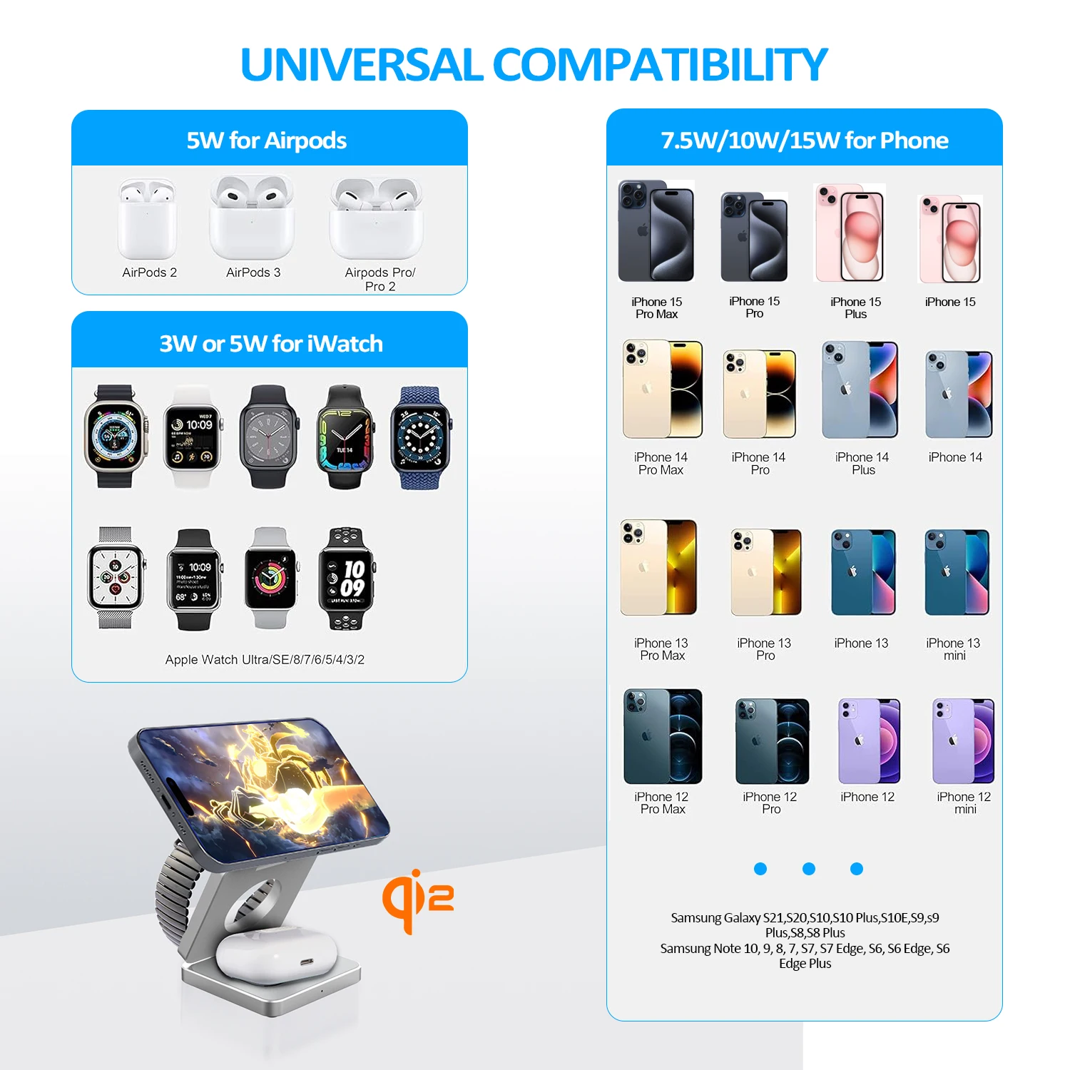 Qi2/Qi1 3 in 1 15W Magnetic Wireless Charger for Iphone 17 16 15 Fast Charging Folding for Apple Watch Airpods Wireless Charger