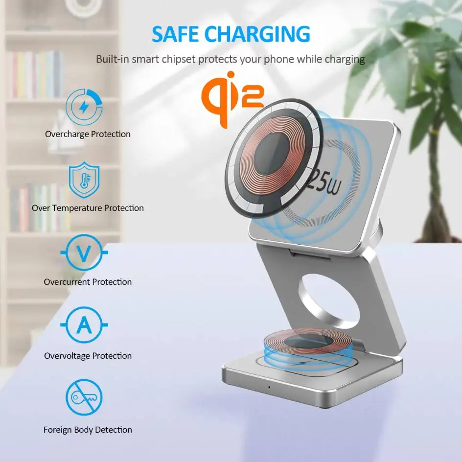 Qi2/Qi1 3 in 1 15W Magnetic Wireless Charger for Iphone 17 16 15 Fast Charging Folding for Apple Watch Airpods Wireless Charger