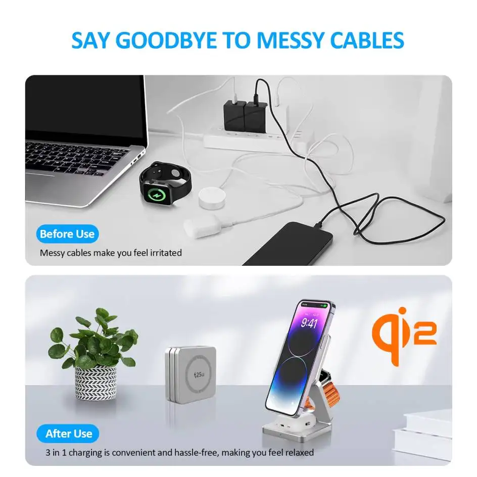 Qi2/Qi1 3 in 1 15W Magnetic Wireless Charger for Iphone 17 16 15 Fast Charging Folding for Apple Watch Airpods Wireless Charger