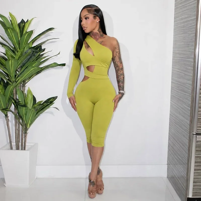Joskaa Sexy One Shoulder Hollow Out Long Sleeve Bodycon Capri Jumpsuit Women Party Club One Piece Rompers Y2k Streetwear