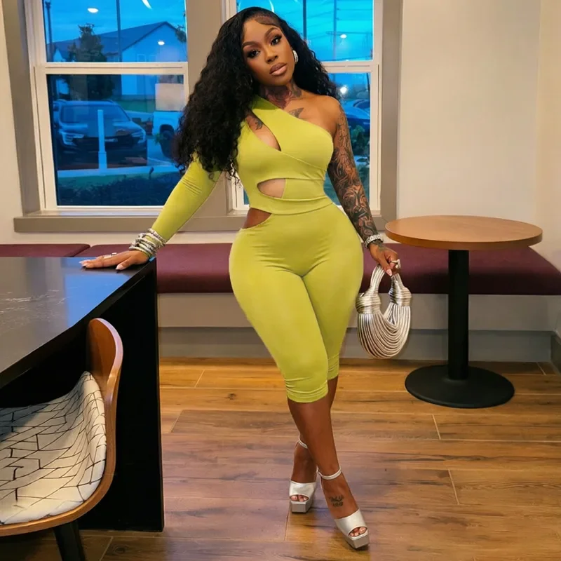 Joskaa Sexy One Shoulder Hollow Out Long Sleeve Bodycon Capri Jumpsuit Women Party Club One Piece Rompers Y2k Streetwear