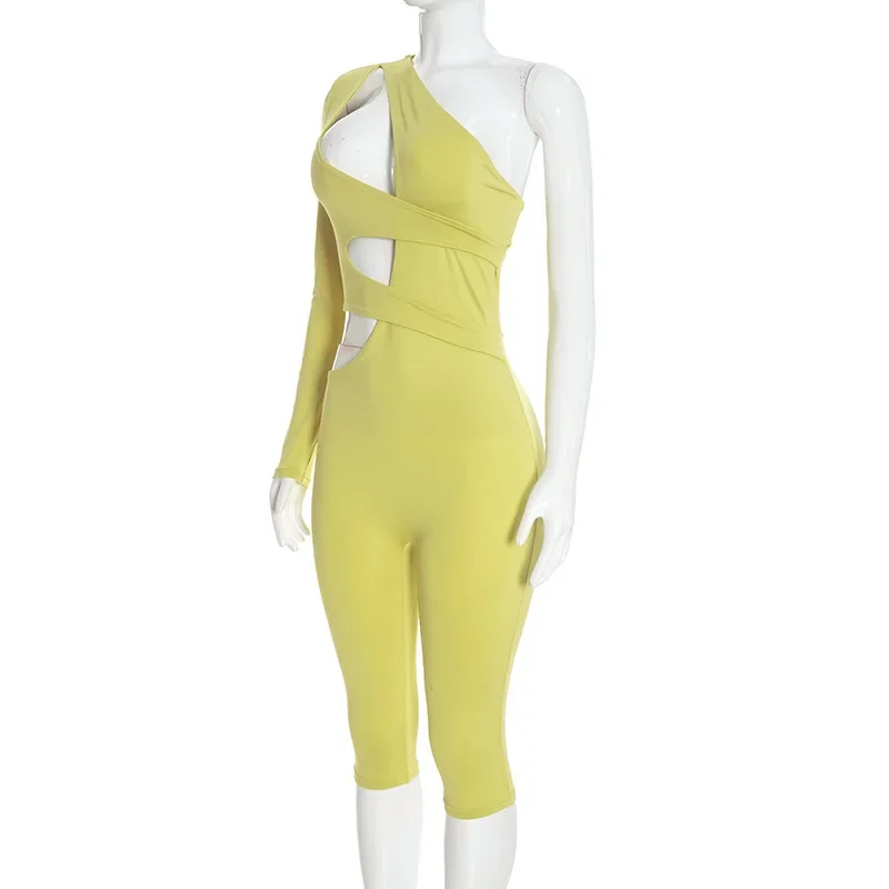 Joskaa Sexy One Shoulder Hollow Out Long Sleeve Bodycon Capri Jumpsuit Women Party Club One Piece Rompers Y2k Streetwear