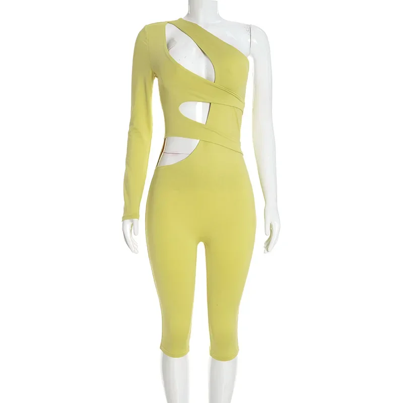 Joskaa Sexy One Shoulder Hollow Out Long Sleeve Bodycon Capri Jumpsuit Women Party Club One Piece Rompers Y2k Streetwear