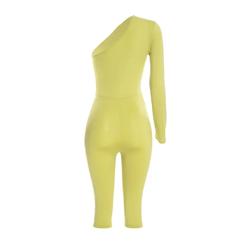 Joskaa Sexy One Shoulder Hollow Out Long Sleeve Bodycon Capri Jumpsuit Women Party Club One Piece Rompers Y2k Streetwear