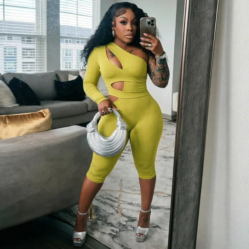 Joskaa Sexy One Shoulder Hollow Out Long Sleeve Bodycon Capri Jumpsuit Women Party Club One Piece Rompers Y2k Streetwear