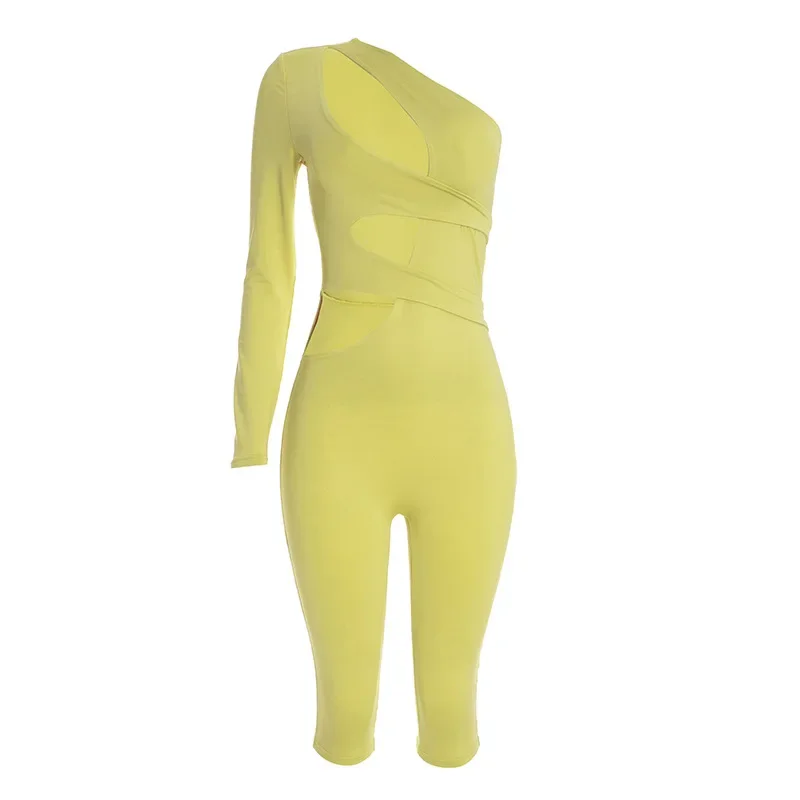 Joskaa Sexy One Shoulder Hollow Out Long Sleeve Bodycon Capri Jumpsuit Women Party Club One Piece Rompers Y2k Streetwear