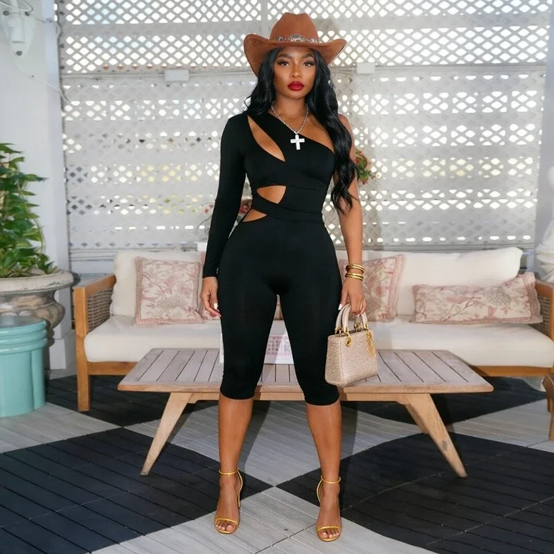 Joskaa Sexy One Shoulder Hollow Out Long Sleeve Bodycon Capri Jumpsuit Women Party Club One Piece Rompers Y2k Streetwear