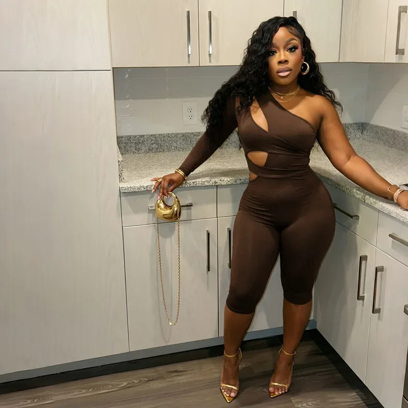 Joskaa Sexy One Shoulder Hollow Out Long Sleeve Bodycon Capri Jumpsuit Women Party Club One Piece Rompers Y2k Streetwear