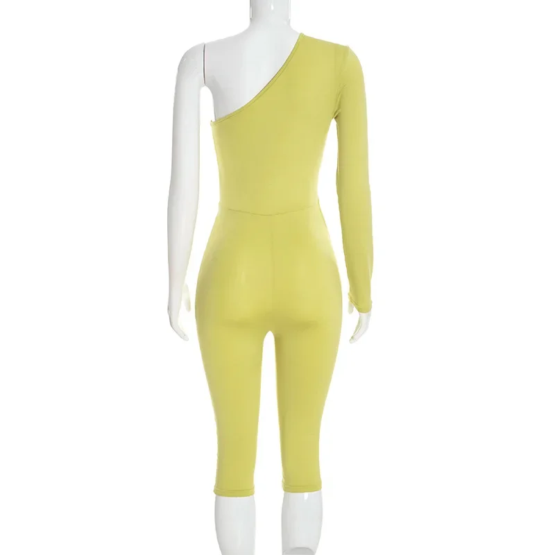 Joskaa Sexy One Shoulder Hollow Out Long Sleeve Bodycon Capri Jumpsuit Women Party Club One Piece Rompers Y2k Streetwear