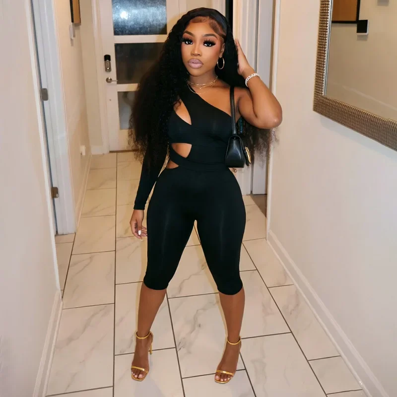 Joskaa Sexy One Shoulder Hollow Out Long Sleeve Bodycon Capri Jumpsuit Women Party Club One Piece Rompers Y2k Streetwear