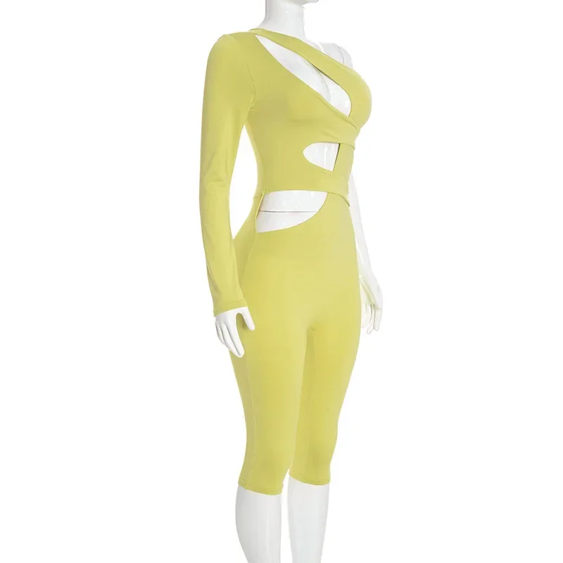Joskaa Sexy One Shoulder Hollow Out Long Sleeve Bodycon Capri Jumpsuit Women Party Club One Piece Rompers Y2k Streetwear
