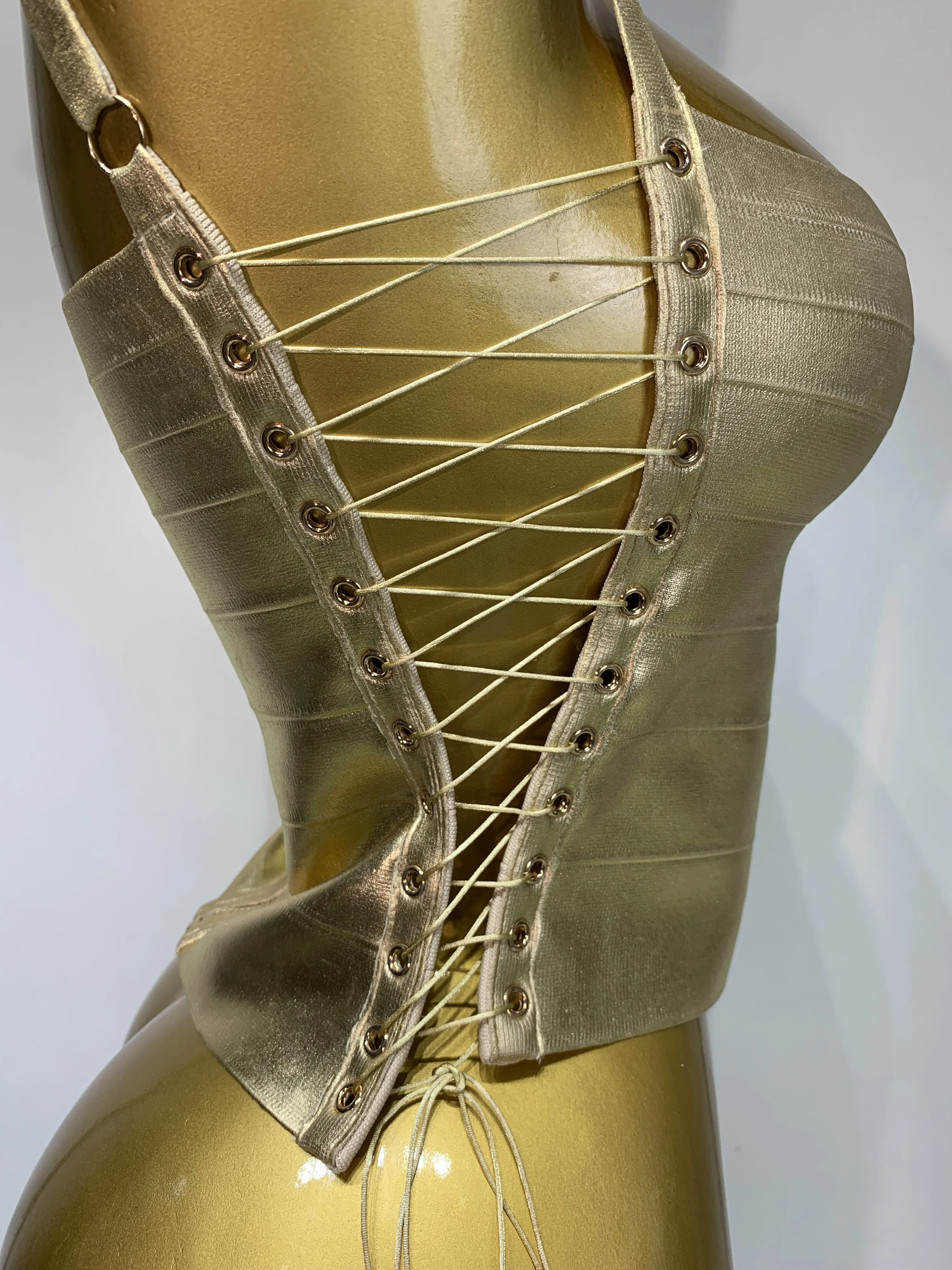 Sparkly Slver Gold Bandage Top Women Sexy Nightclub Evening Party Backless Spicy Girl High Street Stage Outfit