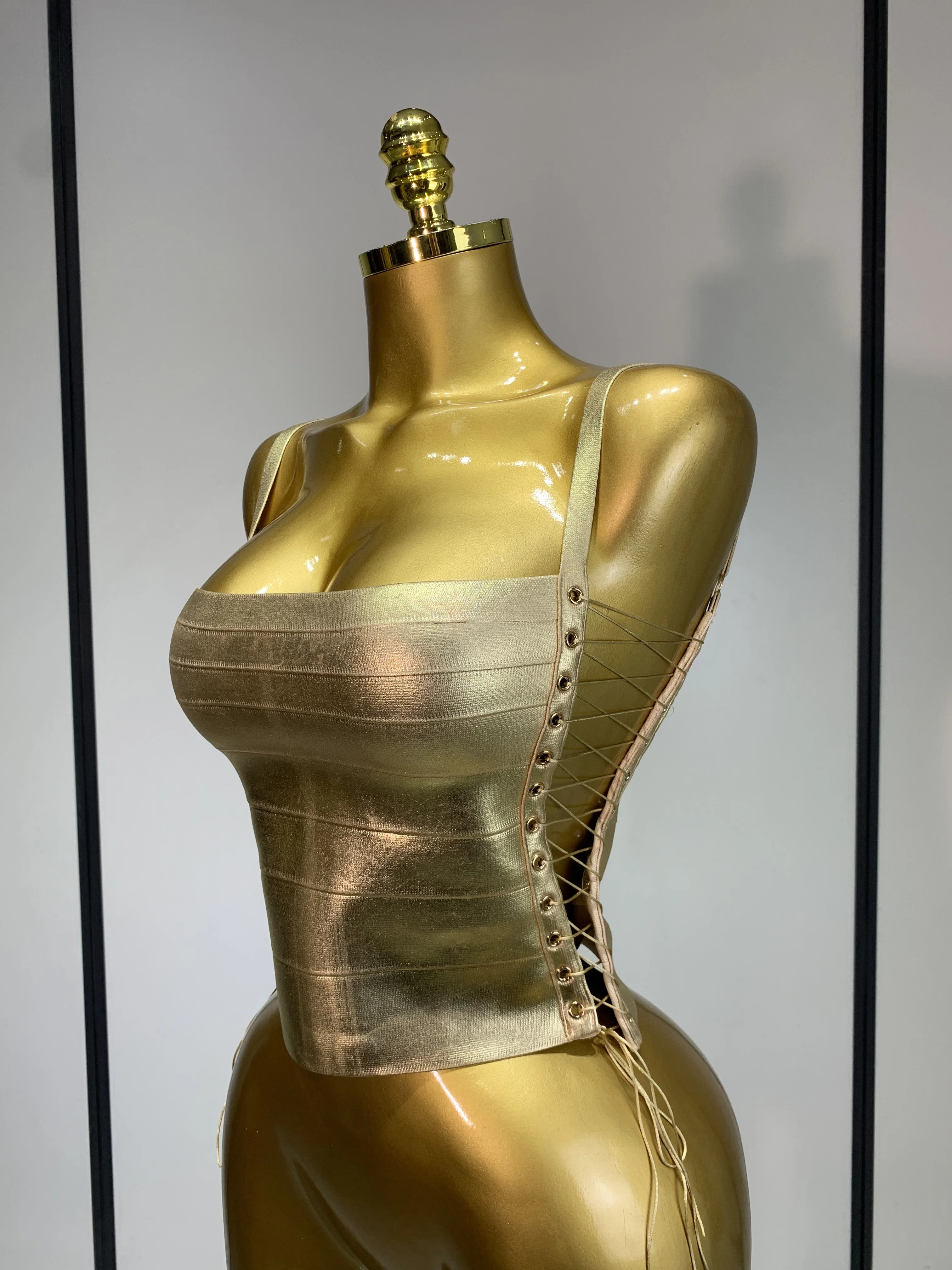 Sparkly Slver Gold Bandage Top Women Sexy Nightclub Evening Party Backless Spicy Girl High Street Stage Outfit
