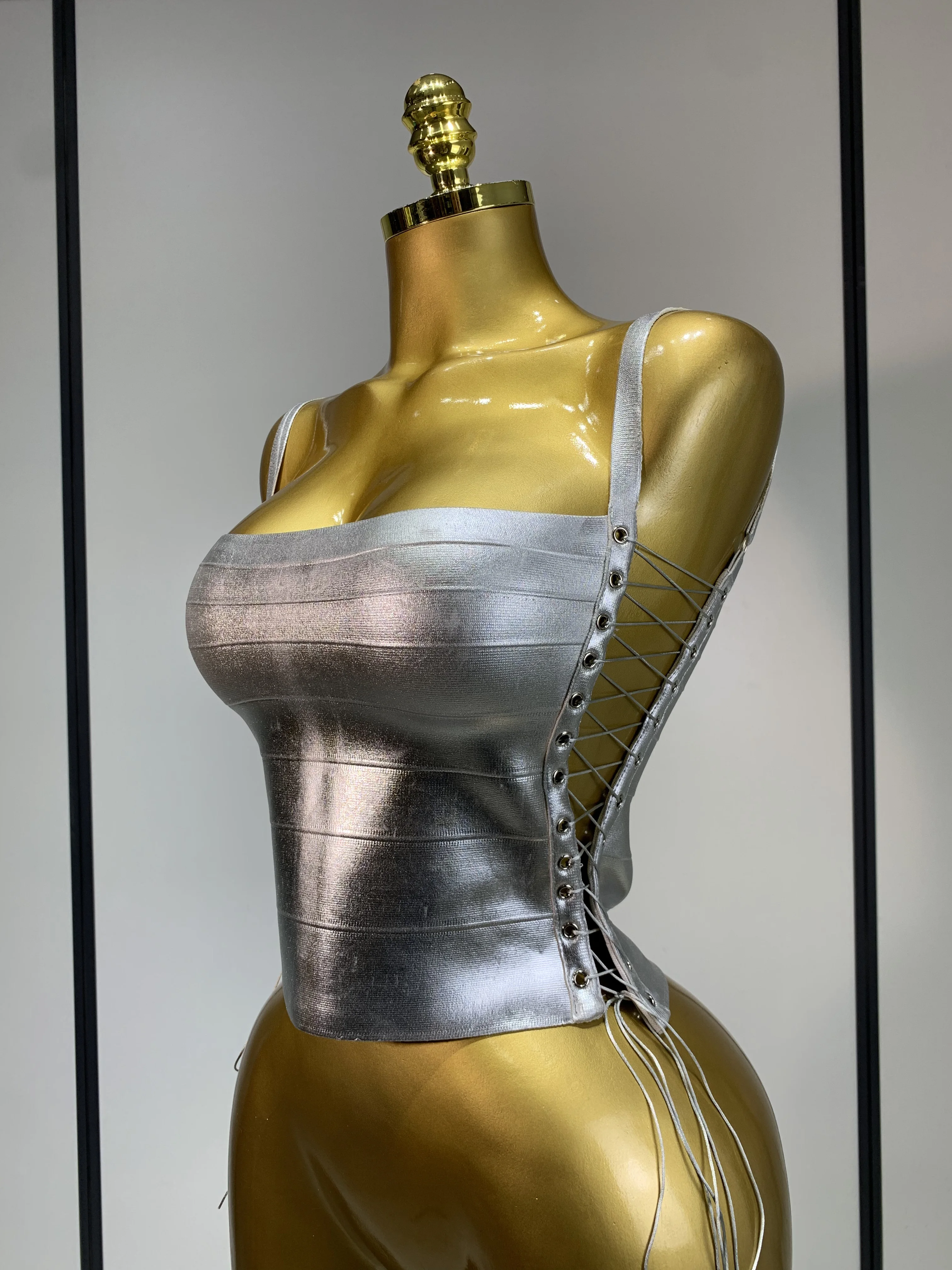 Sparkly Slver Gold Bandage Top Women Sexy Nightclub Evening Party Backless Spicy Girl High Street Stage Outfit