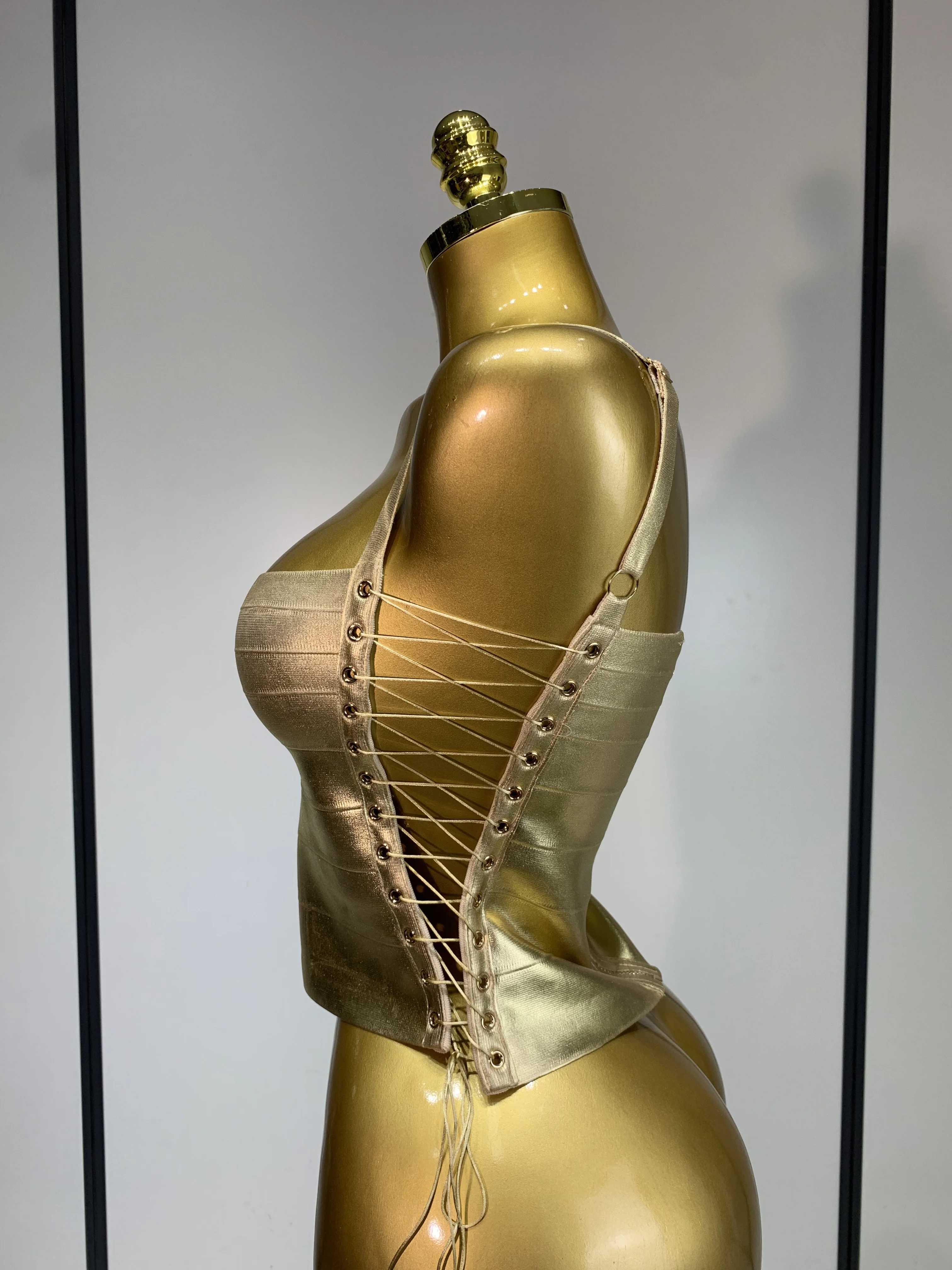 Sparkly Slver Gold Bandage Top Women Sexy Nightclub Evening Party Backless Spicy Girl High Street Stage Outfit