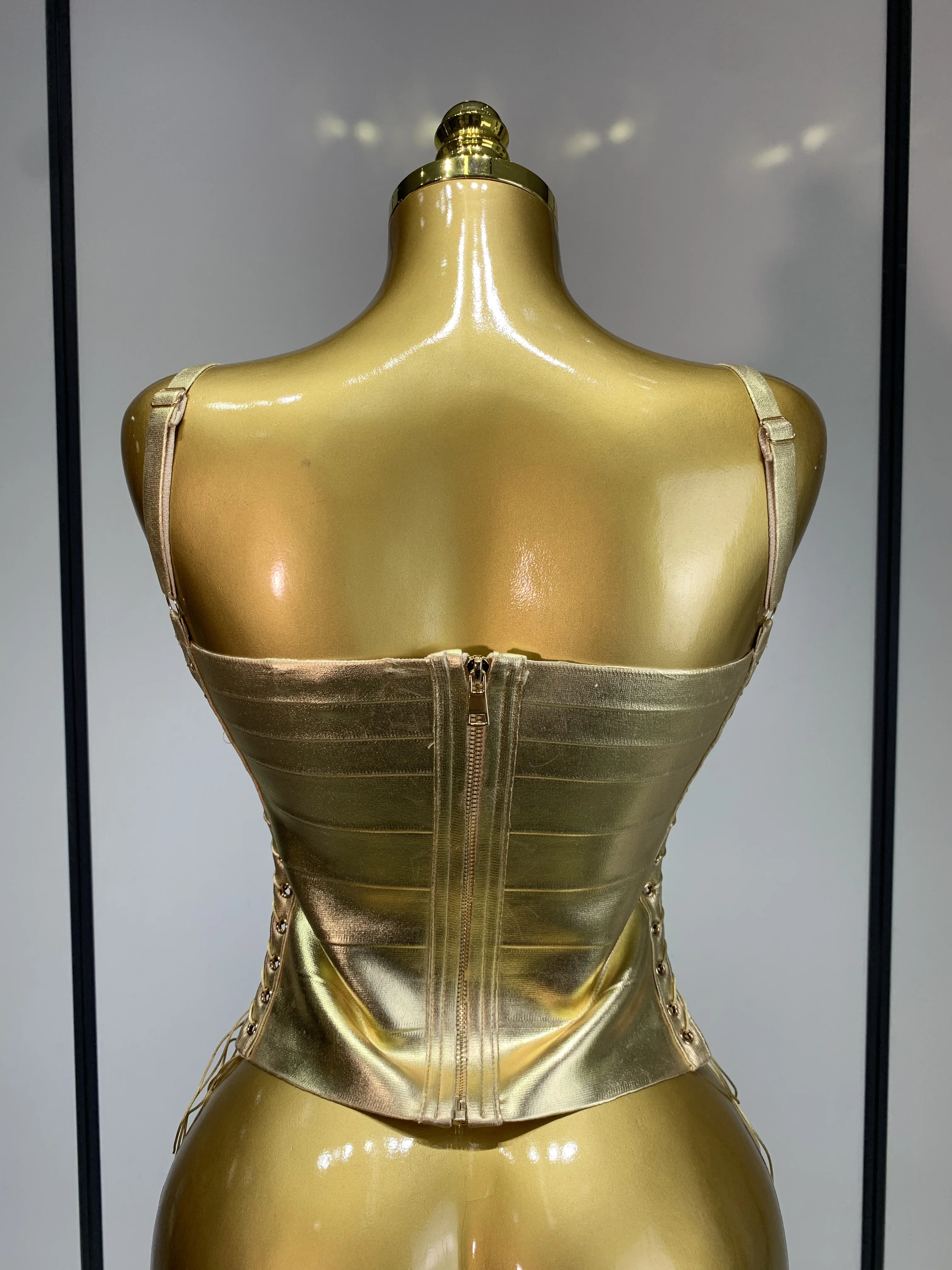 Sparkly Slver Gold Bandage Top Women Sexy Nightclub Evening Party Backless Spicy Girl High Street Stage Outfit