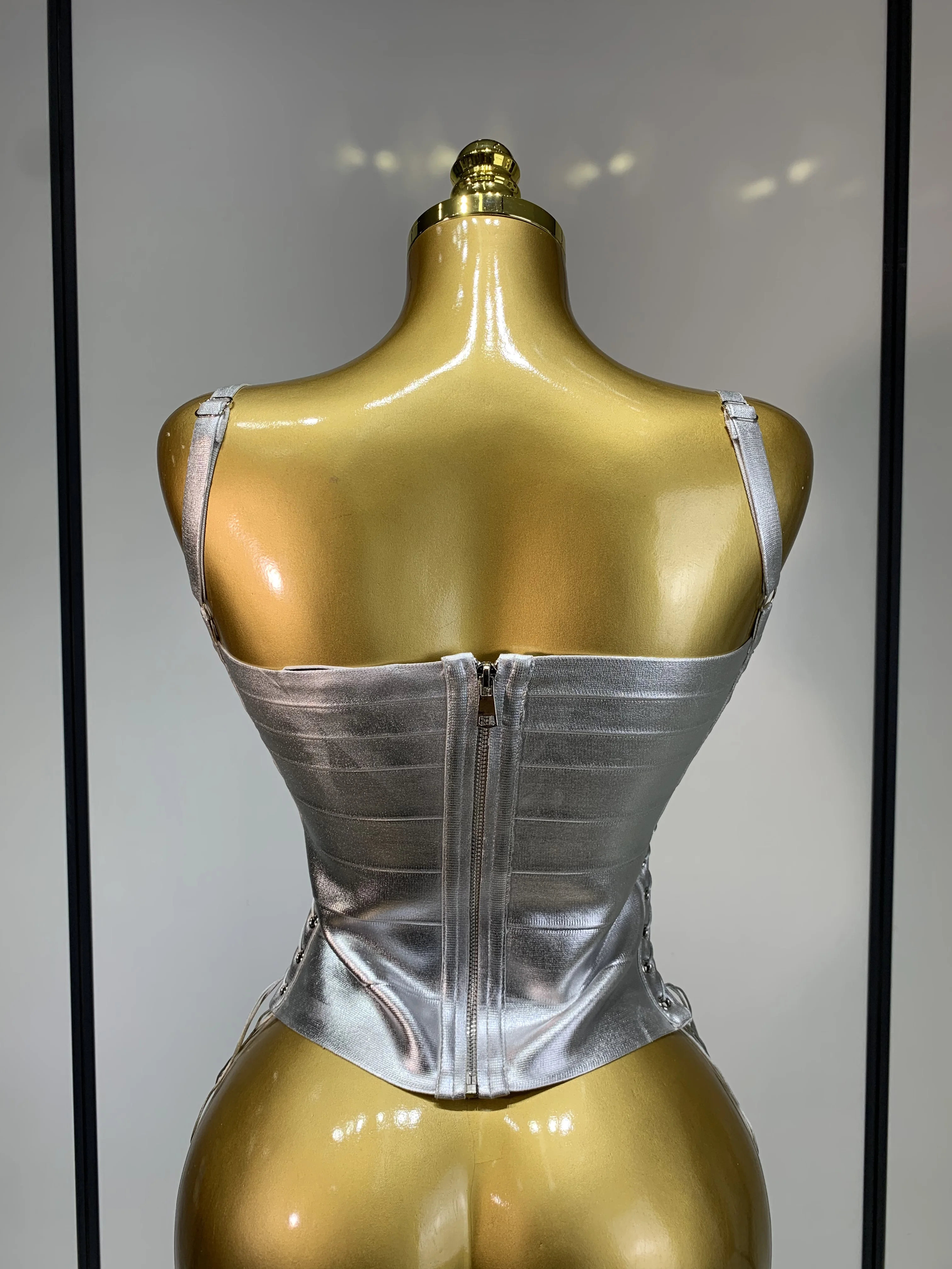 Sparkly Slver Gold Bandage Top Women Sexy Nightclub Evening Party Backless Spicy Girl High Street Stage Outfit