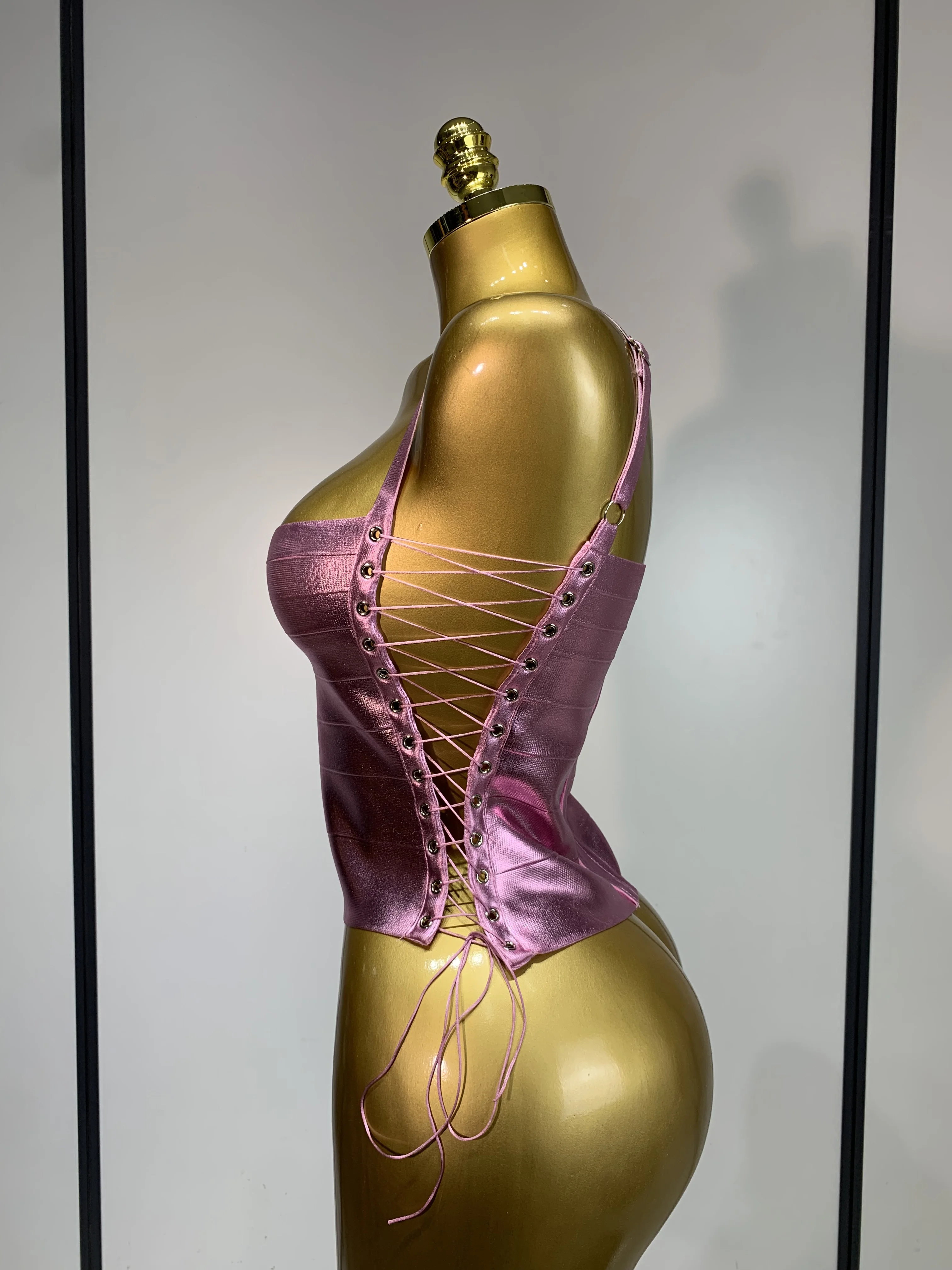 Sparkly Slver Gold Bandage Top Women Sexy Nightclub Evening Party Backless Spicy Girl High Street Stage Outfit