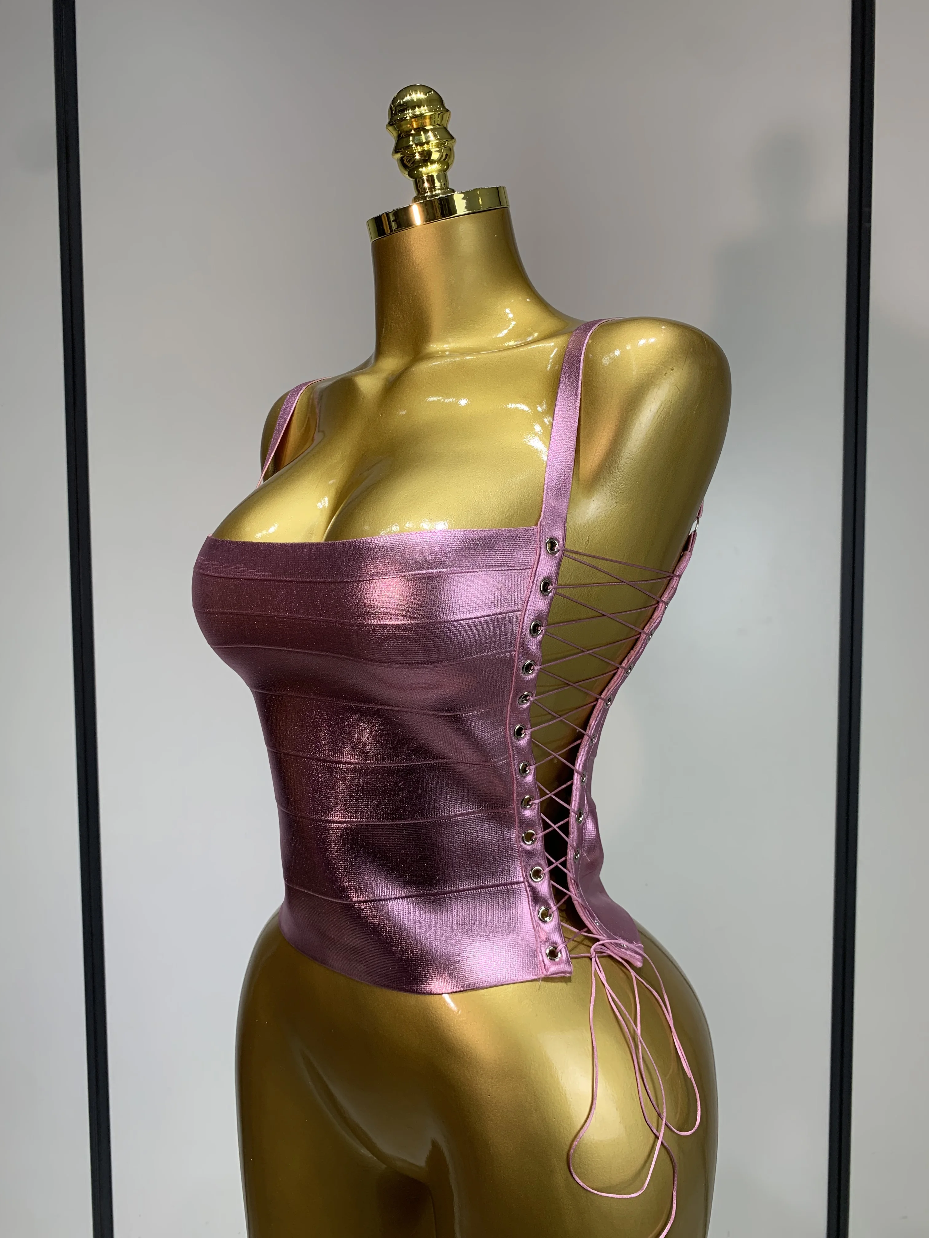 Sparkly Slver Gold Bandage Top Women Sexy Nightclub Evening Party Backless Spicy Girl High Street Stage Outfit